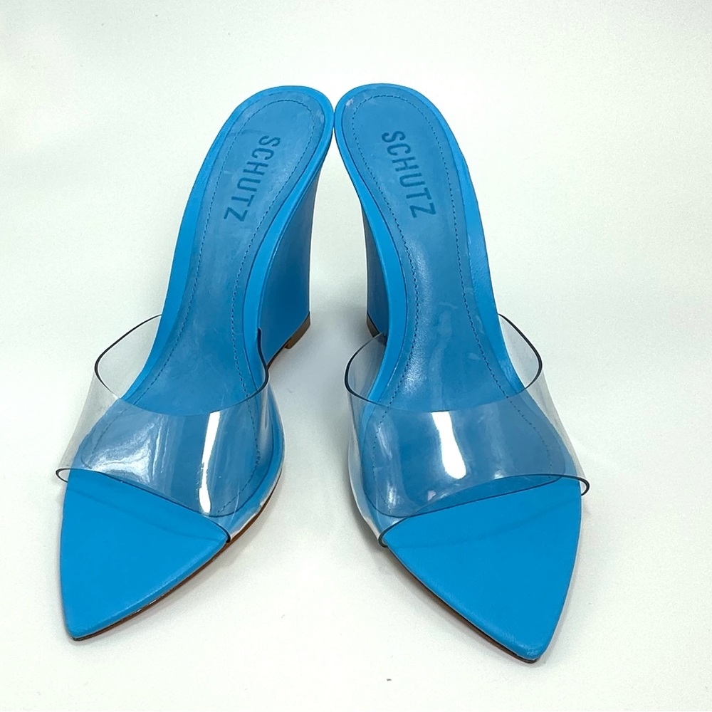 NWOT Schutz lucimara vinyl blue wedge sandal size 7.5 - Picture 9 of 11